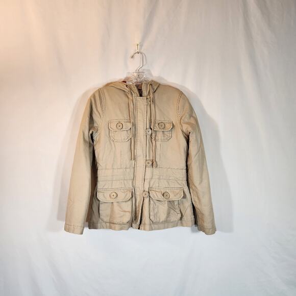 OLD NAVY Tan Red Hooded Utility Parka Drawstring Waist Womens Small S FLAWED - Picture 1 of 12